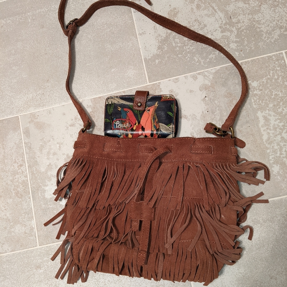 Lucky brand brown suede fringe hippy boho bag with a Saks Roots wallet.